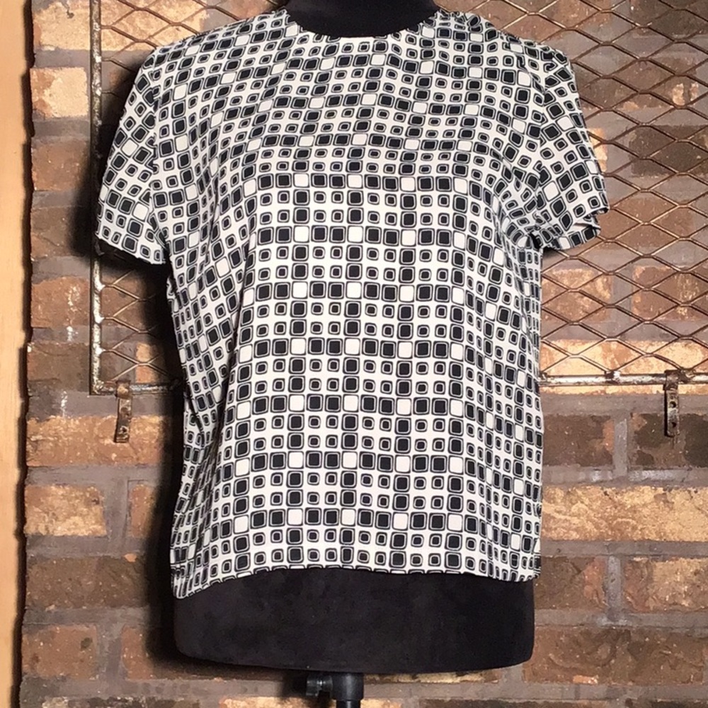 Josephine Chaus blouse semi sheer black cream geo pattern 6